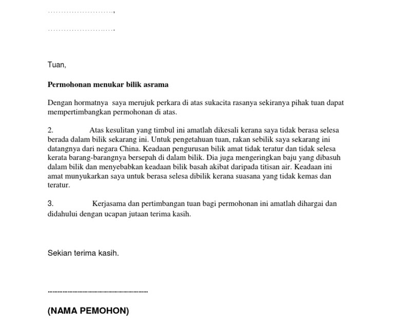 Contoh Surat Rasmi Berhenti Asrama