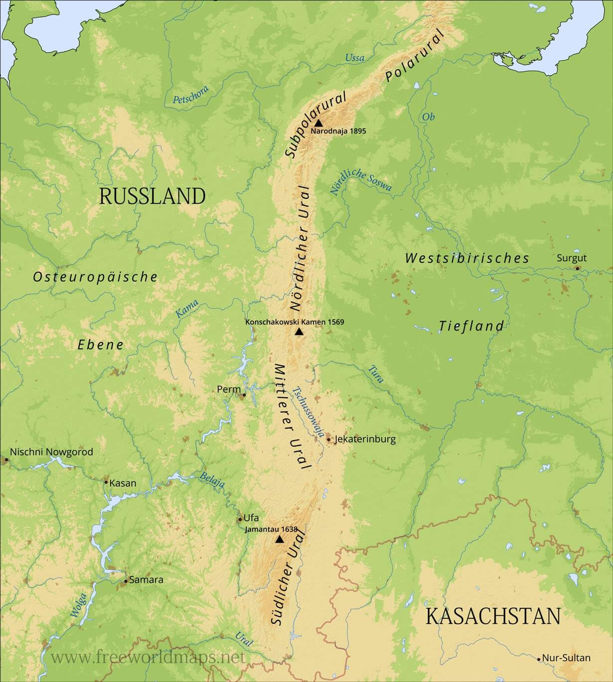 Das uralgebirge bildet hier die grenze zwischen der ehemaligen europäischen und asiatischen platte. Ural Karte Freeworldmaps Net