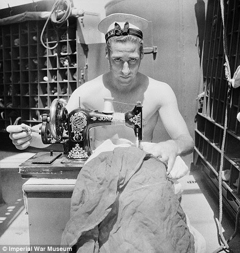 Make do and mend: A sailor on board HMS Alcantara uses a portable sewing machine to repair a signal flag on a voyage to Sierra Leone, while a British sailor on shore leave in Harrogate looks natural in front of the camera in 1941