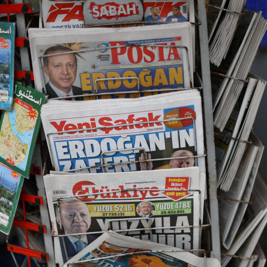A view of newspapers featuring images of Turkish President Tayyip Erdogan, after he was declared the winner in the second round of the presidential election, in Istanbul, Turkey, May 29, 2023. REUTERS/Hannah McKay