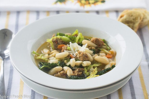 Add the shredded cabbage, bay leaf,. Spicy Sausage And White Bean Soup Savoy Cabbage Spiced Peach Blog