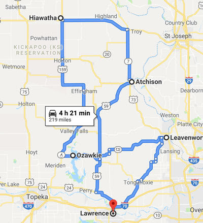 Lawrence to Atchison; Atchison to Hiawathi; Hiawatha to Ozawkie; Ozawkie to Leavenworth; Leavenworth to Lawrence -- 219 miles