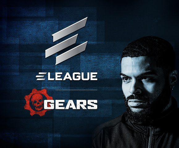 A stern and focused gamer next to the ELEAGUE and Gears 5 logos.