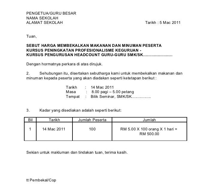 Contoh Surat Iringan Sebut Harga