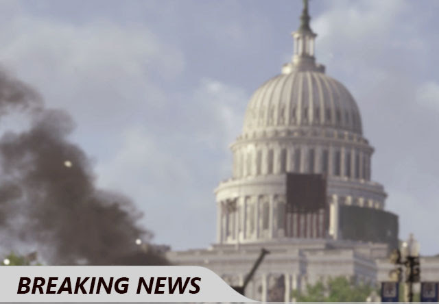 Smoke rising from the U S Capitol cut with a scene of a flipped-over vehicle. Breaking News.