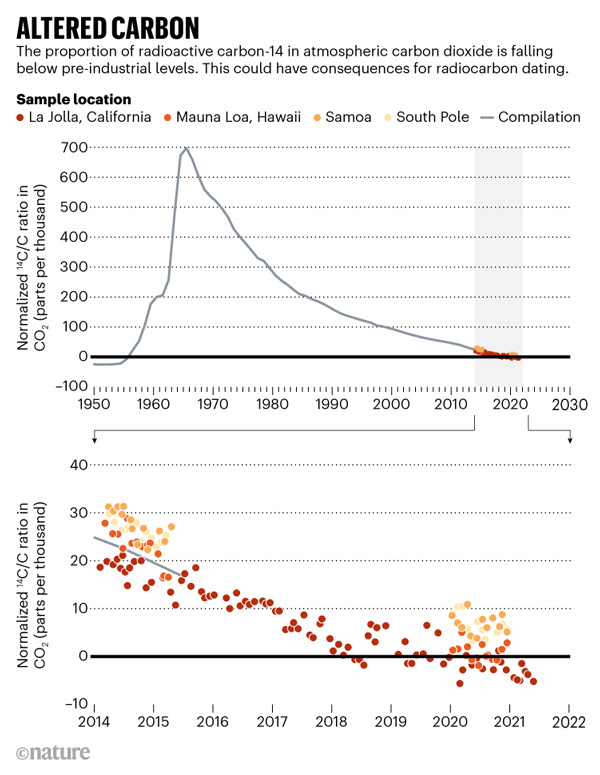 Altered carbon: Line chart showing the proportion of radioactive carbon-14 in atmospheric carbon dioxide since 1950.