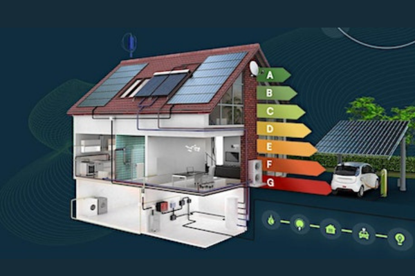 A cartoon look of a house split down the middle showing the different rooms of the house with the coloured energy ratings (A to G) coming out.