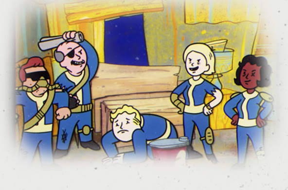 a group of vault dwellers work together to clean the camp.