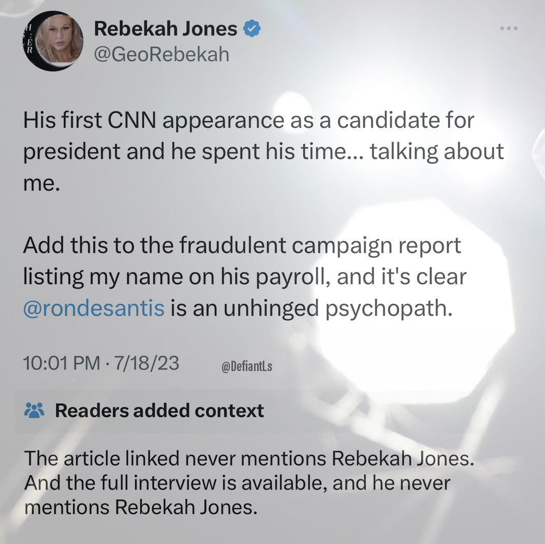 Hypocrite Rebekah Jone condemning Ron DeSantis for talking about her in an article in which he said nothing about her.