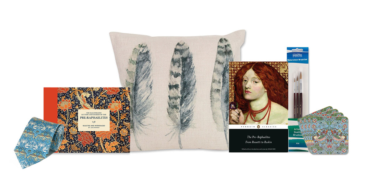 A selection of products from the Pre-Raphaelite shop collection, including a tie, coasters, a pillow and books