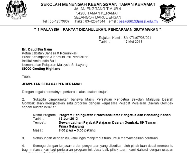 Contoh Surat Rasmi Jemputan Penceramah - Contoh 43