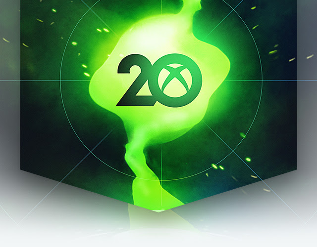 A glowing Xbox 20th Anniversary logo floating in front of a stream of green energy beam.