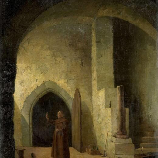 F. TAUPEL (MENTIONED ON OBJECT). A monk with a glass in hand in a cellar. Dating: 1800 - 1900. Measurements: h 47.3 cm × w 34.5 cm × t 2.5 cm; d 8.9 cm. Credit: Album