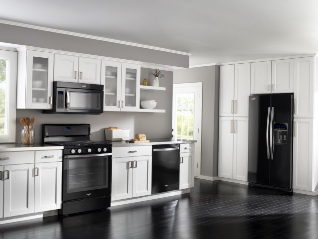 White and gray painted cabinets, countertop and backsplash choices and update decorating a white or gray kitchen with black appliances. Kitchen White Cabinets Black Appliances Hawk Haven