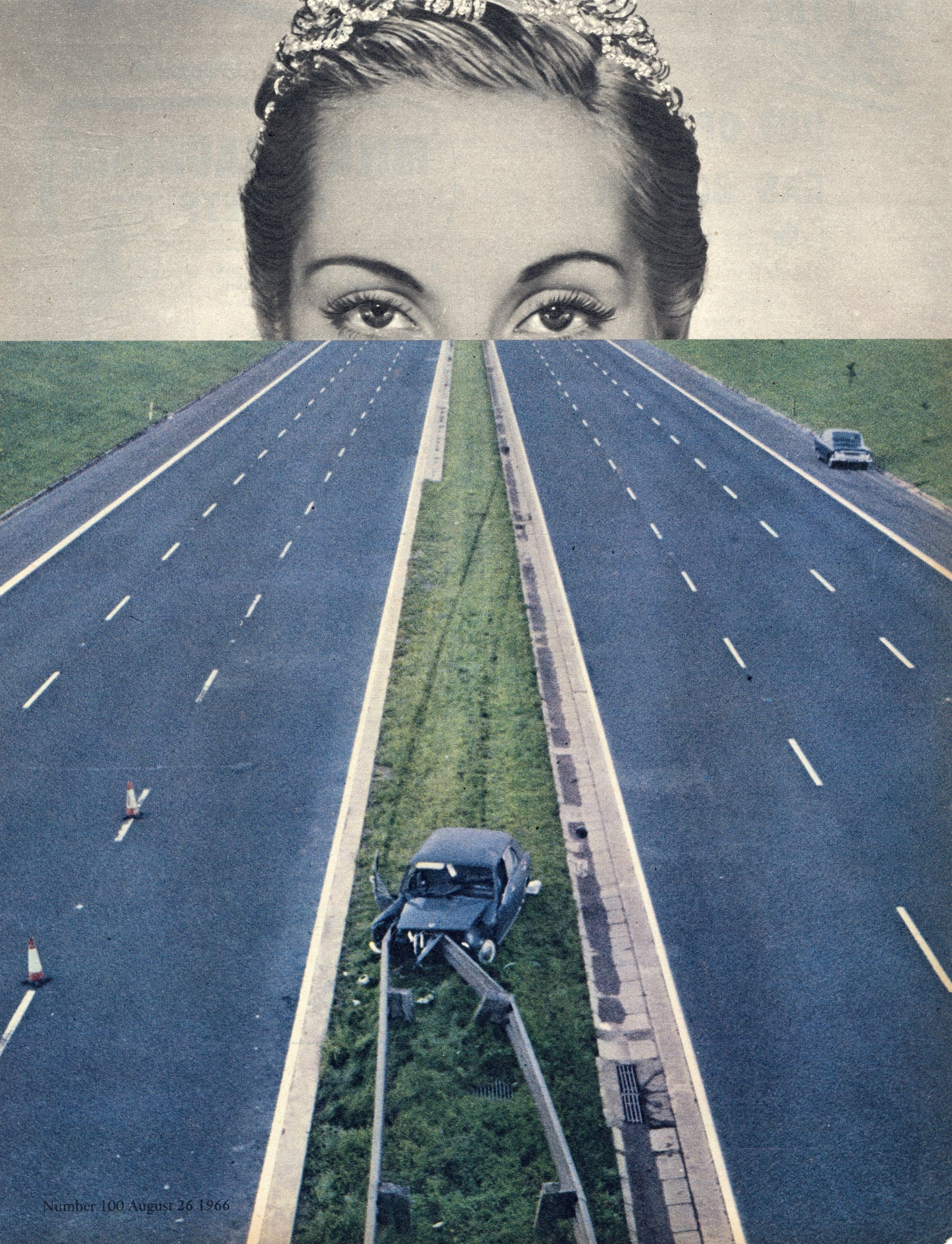 A collage photograph showing half a woman's face looking down an empty motorway strewn with damaged cars
