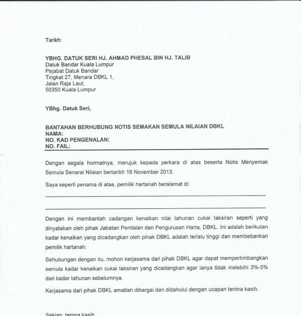 Contoh Surat Rayuan Pengurangan Bayaran Cukai Taksiran