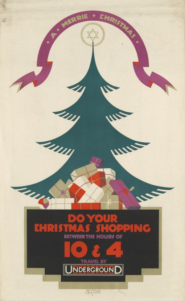 Poster with Christmas tree, presents, and the message Do your Christmas shopping between the hours of 10 and 4