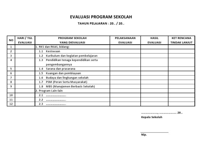 Contoh Buku Program Evaluasi Sd - Contoh O