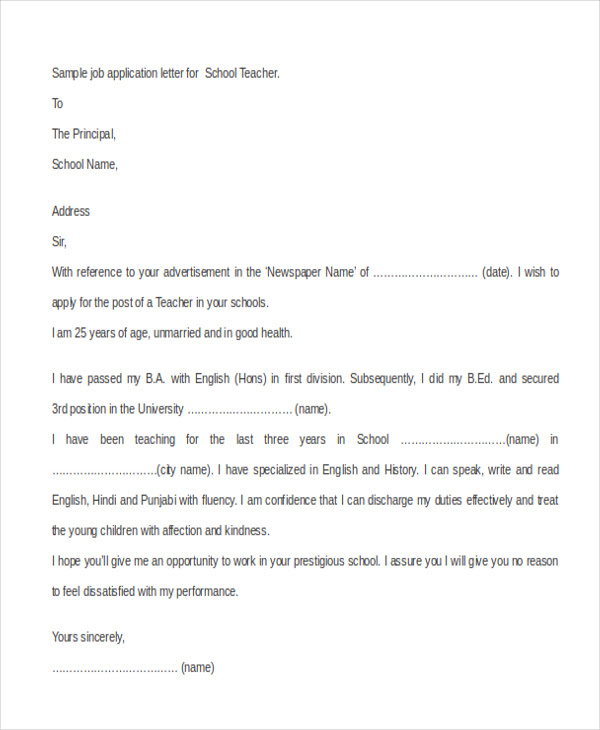 Application Letter For Teaching Job In School Sample Letter