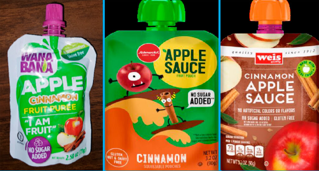 A combination photo shows three examples of applesauce products that were contaminated. 