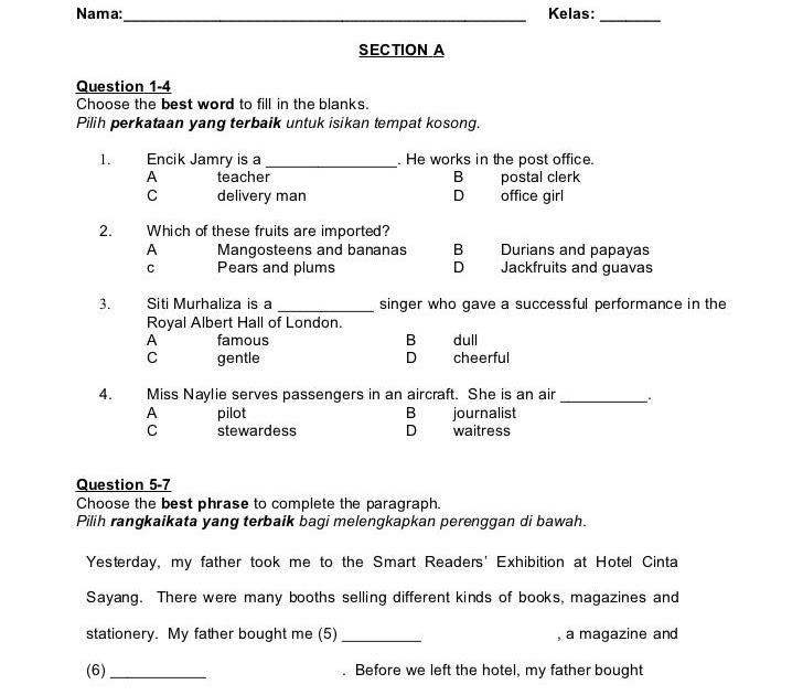 Soalan Bi Darjah 4 - Contoh Sim