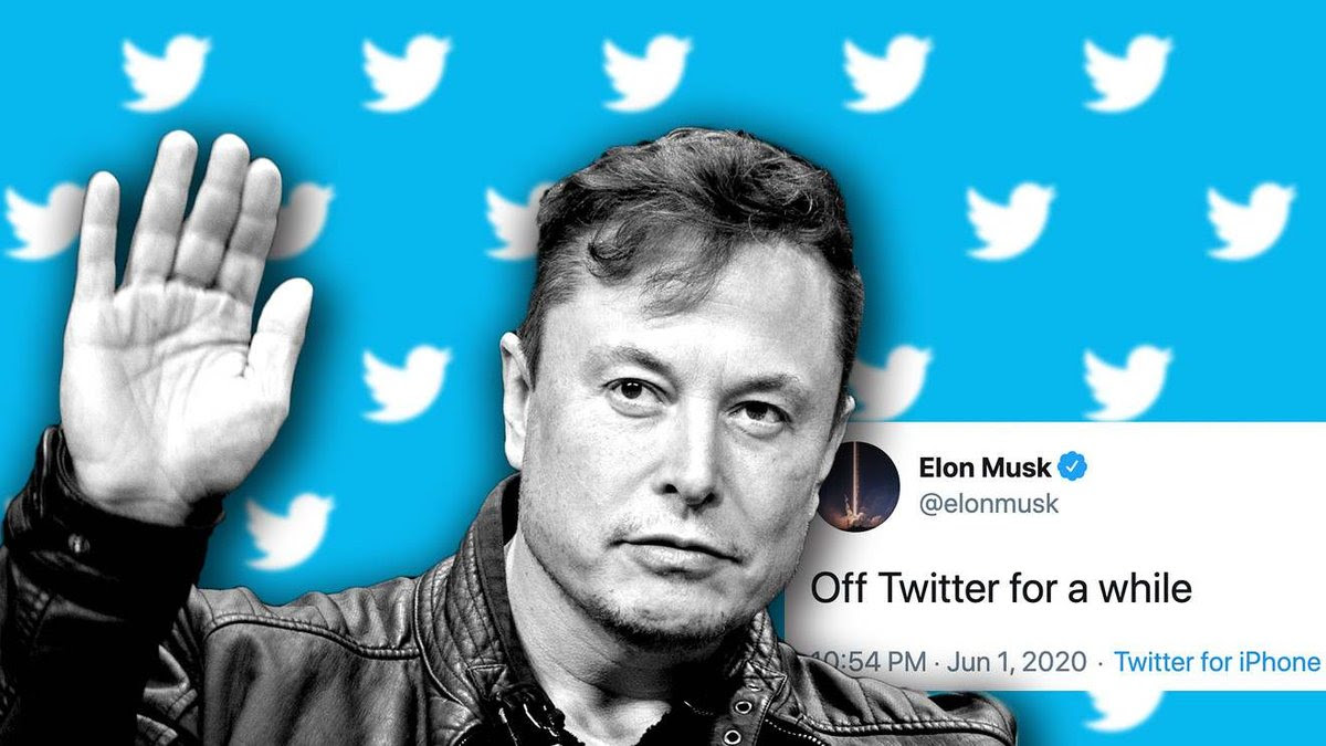 Srtsy picture of Elon Mush superimposed on a background of Twitter logos.