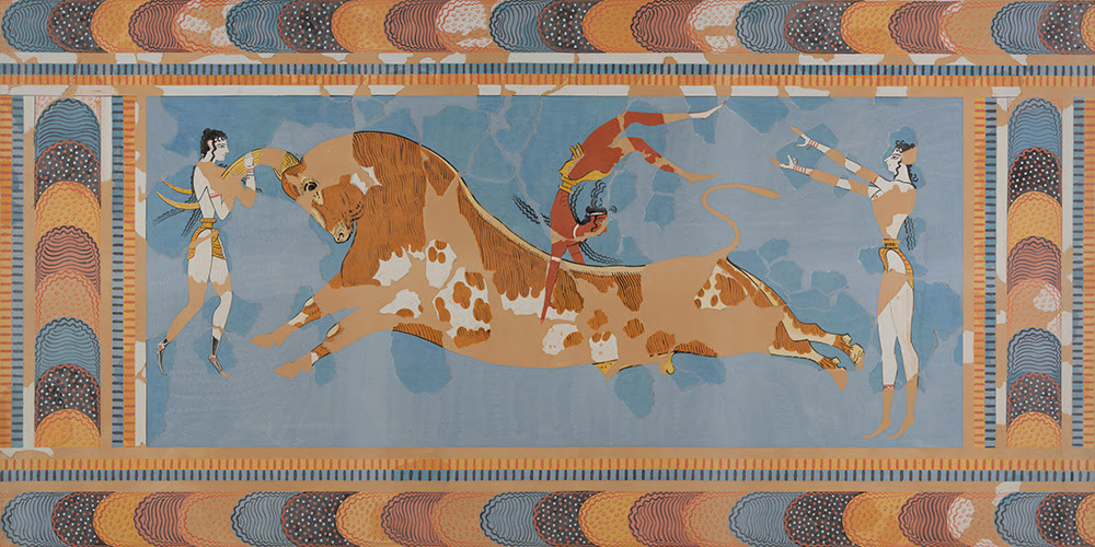 Painting of the restored Taureador Fresco from the Palace of Knossos