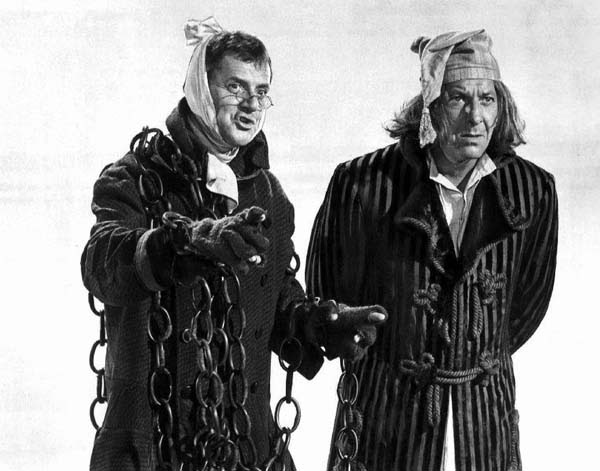 Tony Randall as Marley's ghost and Jack Klugman as Ebenezer Scrooge in The Odd Couple version of A Christmas Carol.