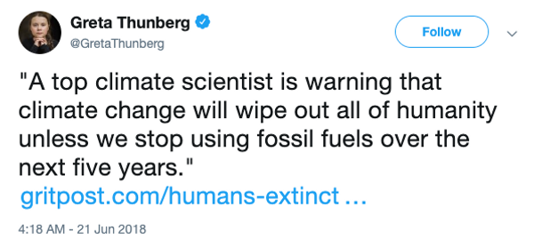 Greta Thunberg 2018 tweet predicting end of the world in 2023.