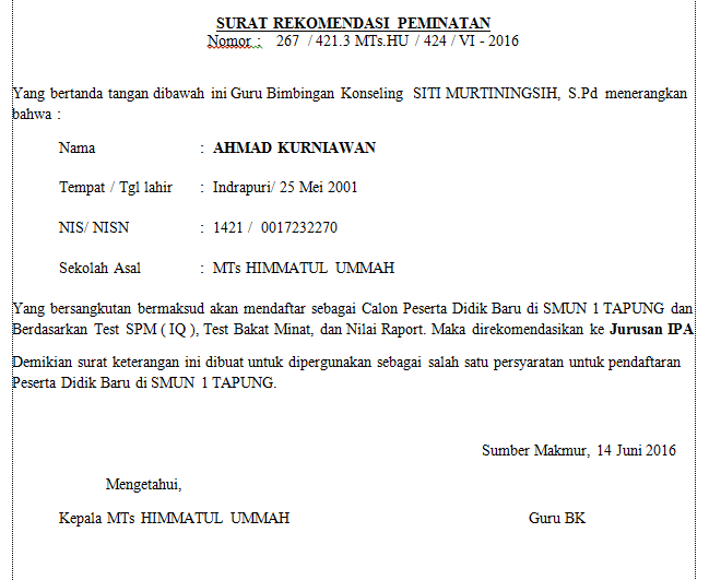  Surat  Rekomendasi  Dari Sekolah  Untuk Mengikuti Lomba 