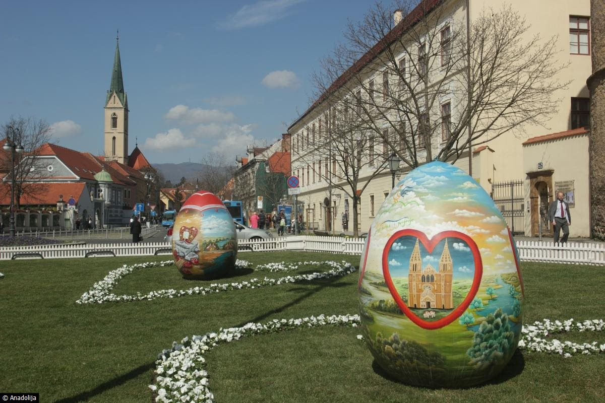 Giant hand-painted Easter Eggs exhibition  in front of the Zagreb Cathedral, Croatia 