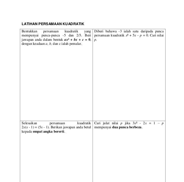 Contoh Soalan Kbat Persamaan Kuadratik - Soalan an