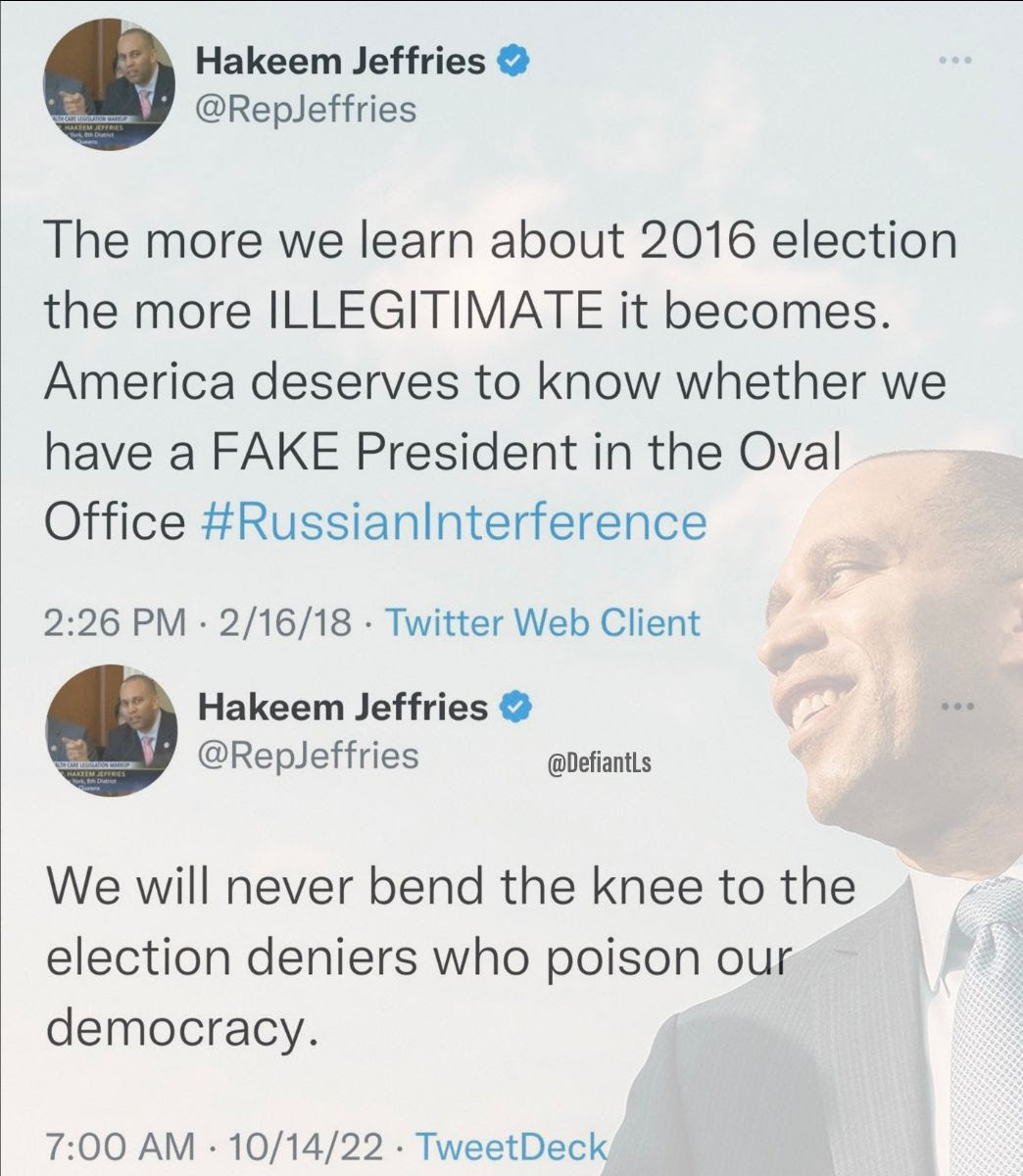 Hypocrite: Hakeem Jeffries. In 2016 he denies the election results then in 2020 condemns anyone who denies election results.