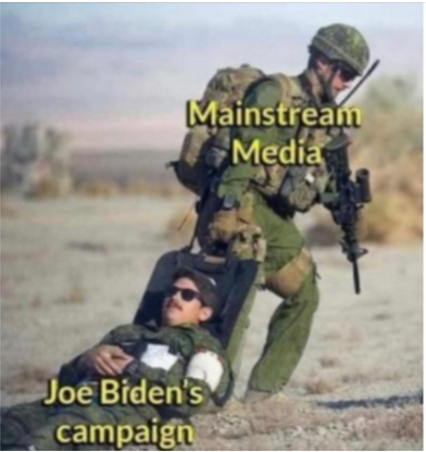 Meme showing mainstream media is carrying Joe Biden'd dead campaign.