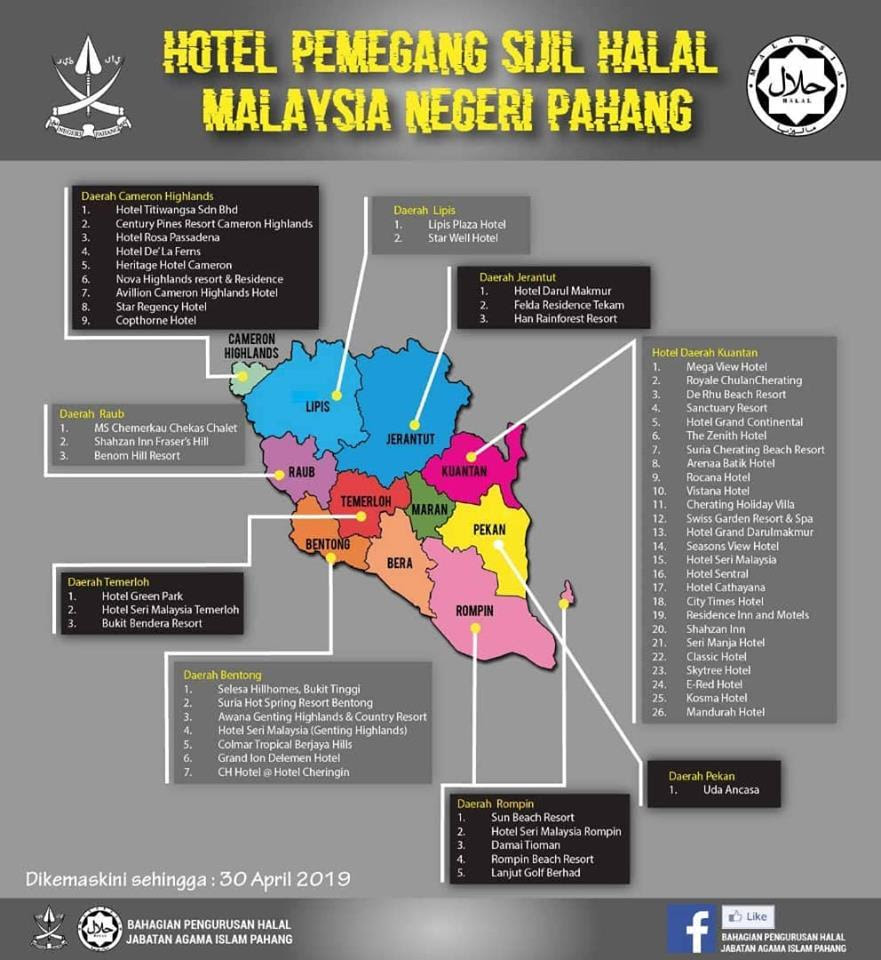Senarai di bawah menunjukkan senarai populasi penduduk di setiap daerah di malaysia mengikut negeri. Senarai Pemegang Sijil Halal Malaysia Negeri Pahang Hotel Portal Rasmi Majlis Daerah Cameron Highlands Mdch
