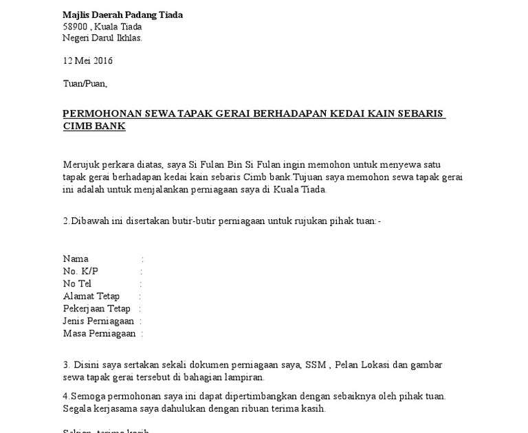 Surat Rasmi Permohonan Sewa Tapak - Contoh Dyn