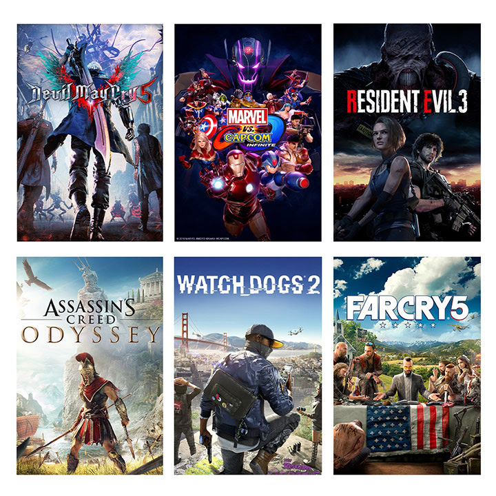 Cover art for Devil May Cry 5, Marvel vs. Capcom: Infinite, Resident Evil 3, Assassin's Creed Odyssey, Watch Dogs 2, and Far Cry 5.