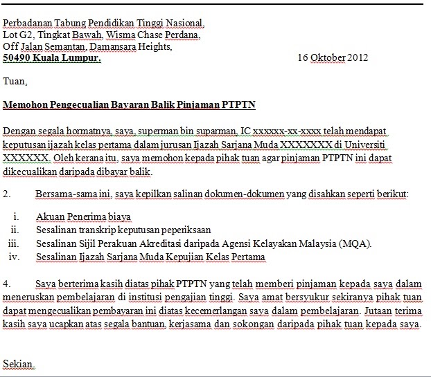 Contoh Surat Rayuan Tukar Kelas