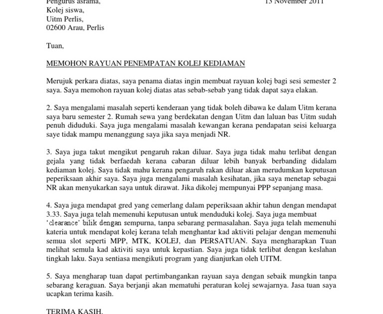 Contoh Surat Rasmi Keluar Asrama - Surat CC