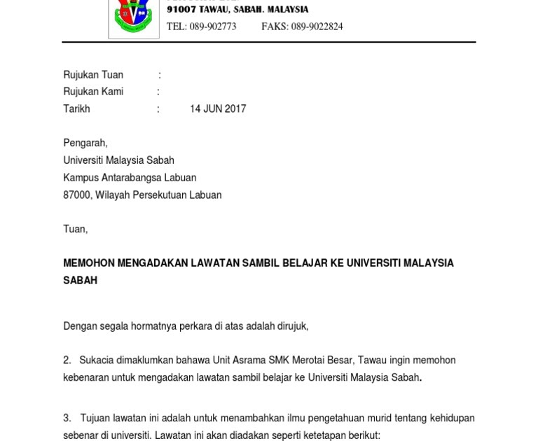 contoh surat lawatan sambil belajar