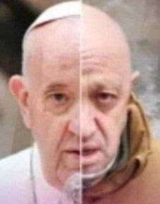 Ptoto of Pope and head of Wagner group superimposed.