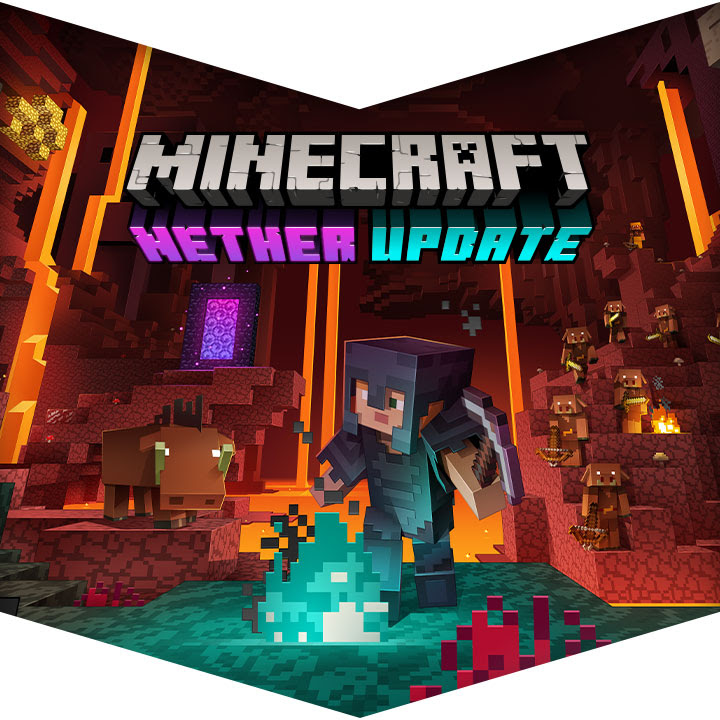 A Minecraft character in Netherite armor mines in the Nether