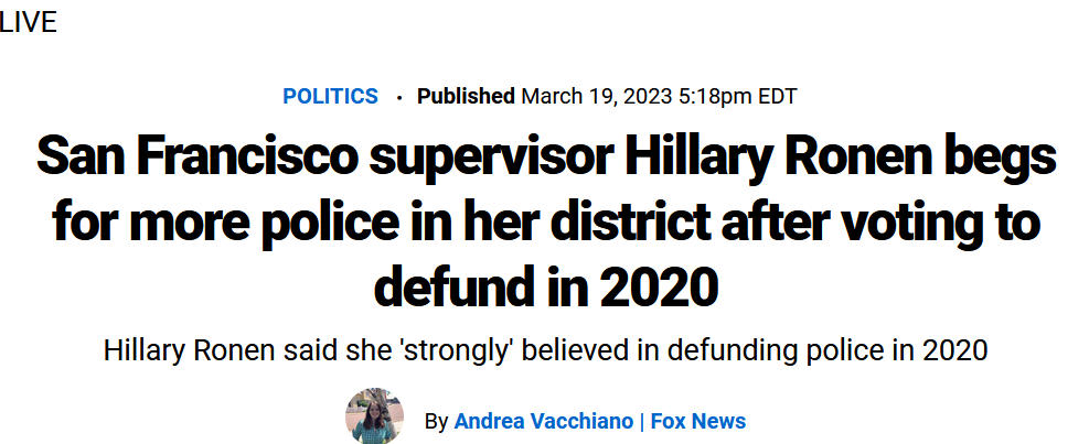 Screen headline saying Hillary Ronen wants more cops in her area of San Francisco.