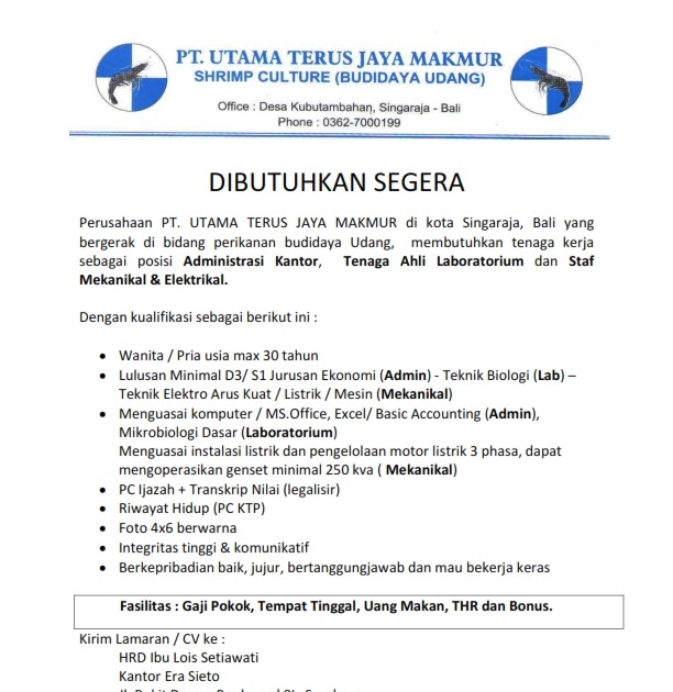 Klik di sini :: PT. Utama Terus Jaya Makmur Butuh 