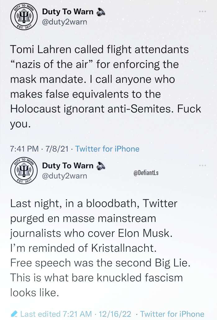 Hypocrite: "@dutytowarn" twitter account. The first tweet condemns anyone using Nazi comparisons followed by the same guy using Nazi comparisons himself.