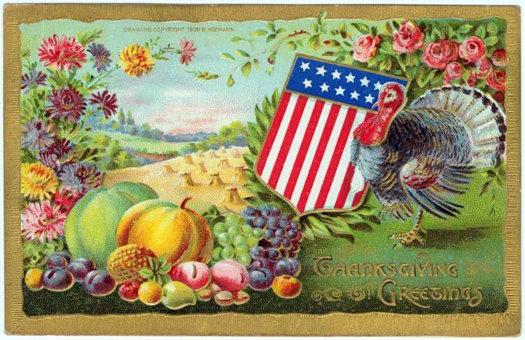 Patriotic card showing stars and strips and turkey.