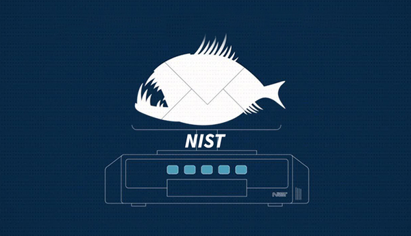 Phishing illustration shows a silhouette of a toothy fish above a piece of computer equipment labeled "NIST."