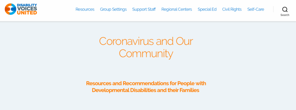 A screenshot of a webpage. Bold orange text says "Coronavirus and Our Community," and in smaller orange text beneath it, "Resources and Recommendations for People with Developmental Disabilities and their Families." 