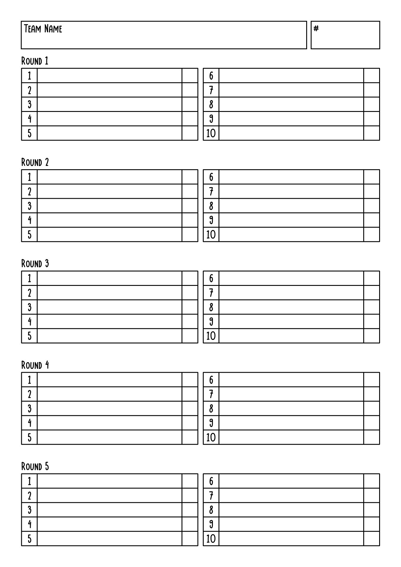 Trivia Night Answer Sheet Template