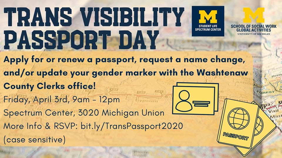 During Trans Visibility Passport Day, you can apply for or renew a passport, request a name change, and/or update your gender marker with the Washtenaw County Clerk's Office!